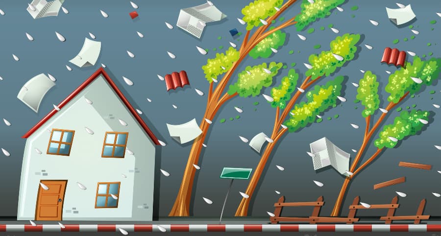 Graphic of a storm affecting a home and the surrounding environs
